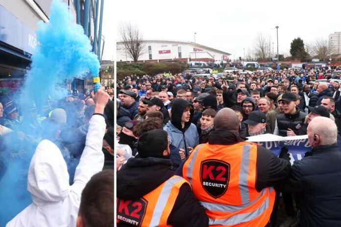 Furious Birmingham fans set off flares and storm stadium with banners to protest owners' 'mismanagement' of the club
