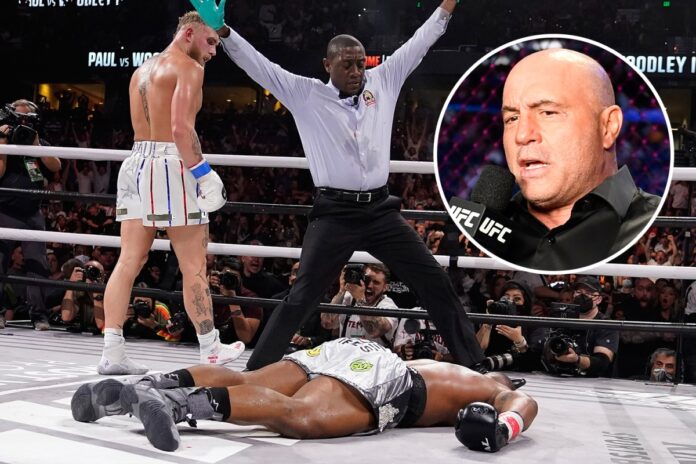 UFC commentator Joe Rogan defends Jake Paul from 'silly fake' fight claims after YouTuber's brutal KO of Tyron Woodley